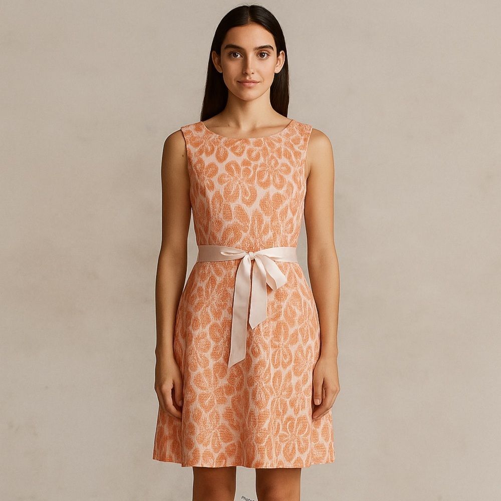 Trina Turk Brocade Orange Pink & Cream spring summer Ribbon Belt Formal Dress